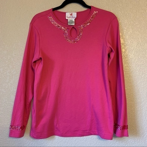 Quacker Factory QVC Embellished Barbiecore Pink Blouse Top Size‎ XS